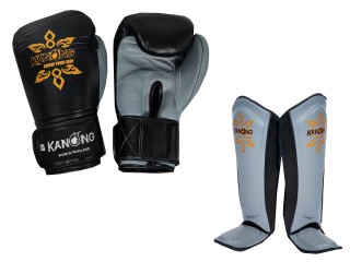 Kanong Real Leather Boxing Gloves and Shin Pads : Black/Grey